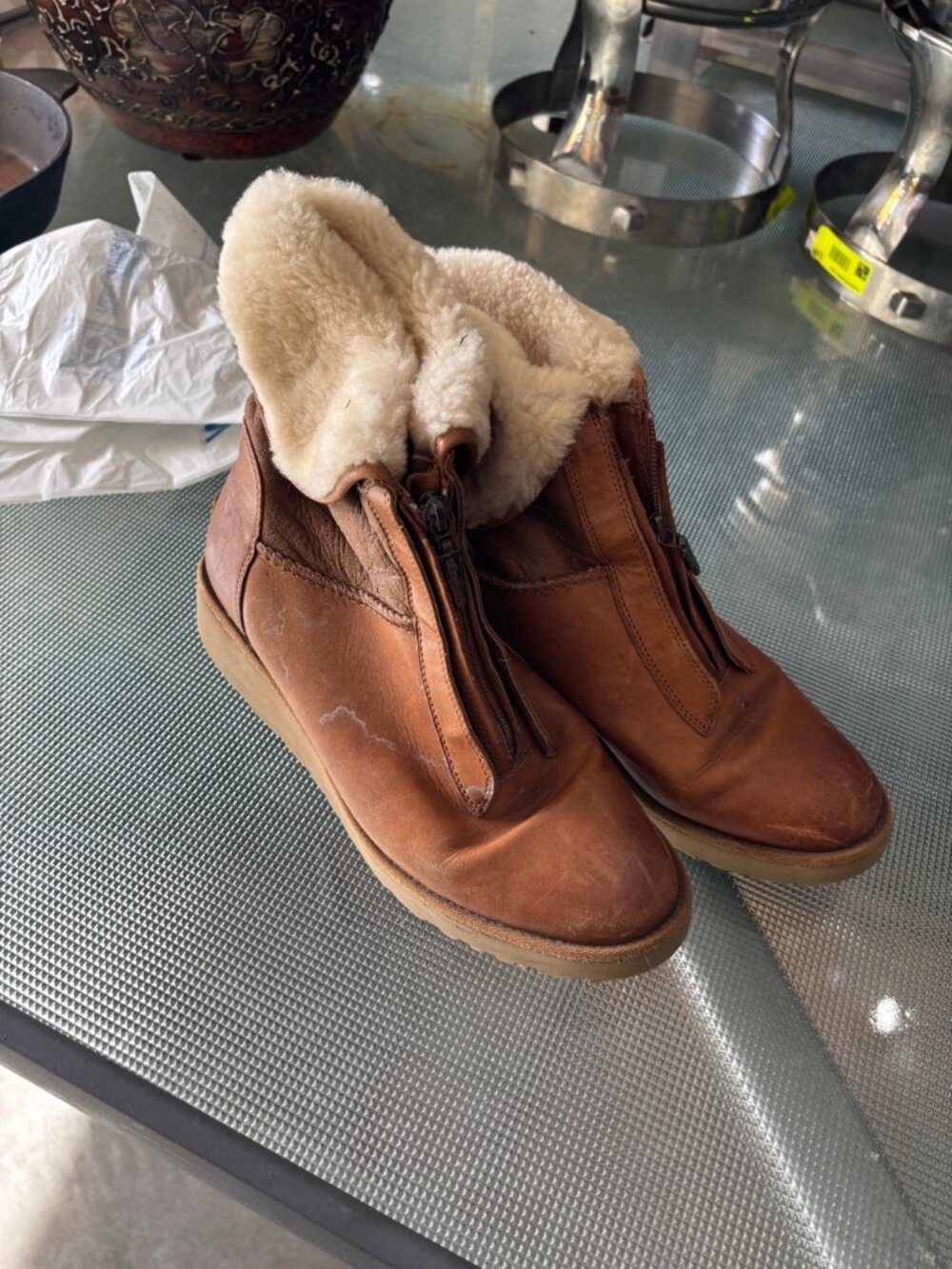 UGG Brown Leather Zip Boots Shearling - Size 8